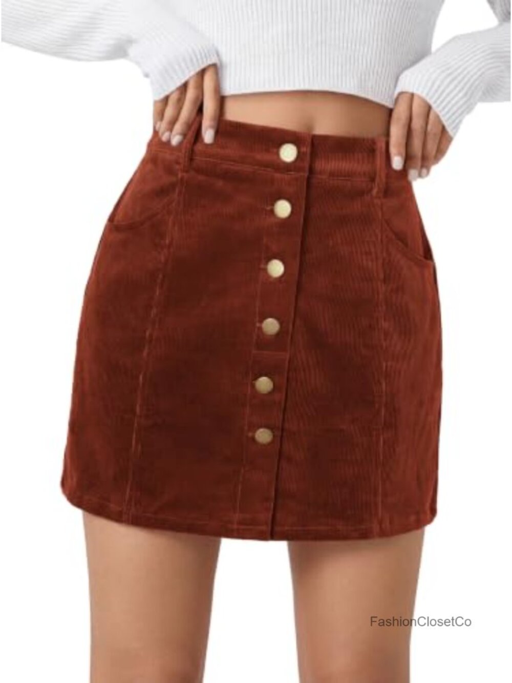 Women's Corduroy Mini Skirt A-Line High Waisted Button Front with Pockets
